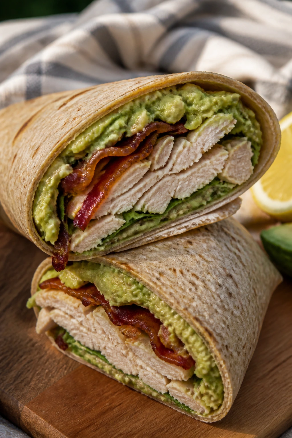 Close-up of a turkey avocado bacon wrap cut to reveal the filling