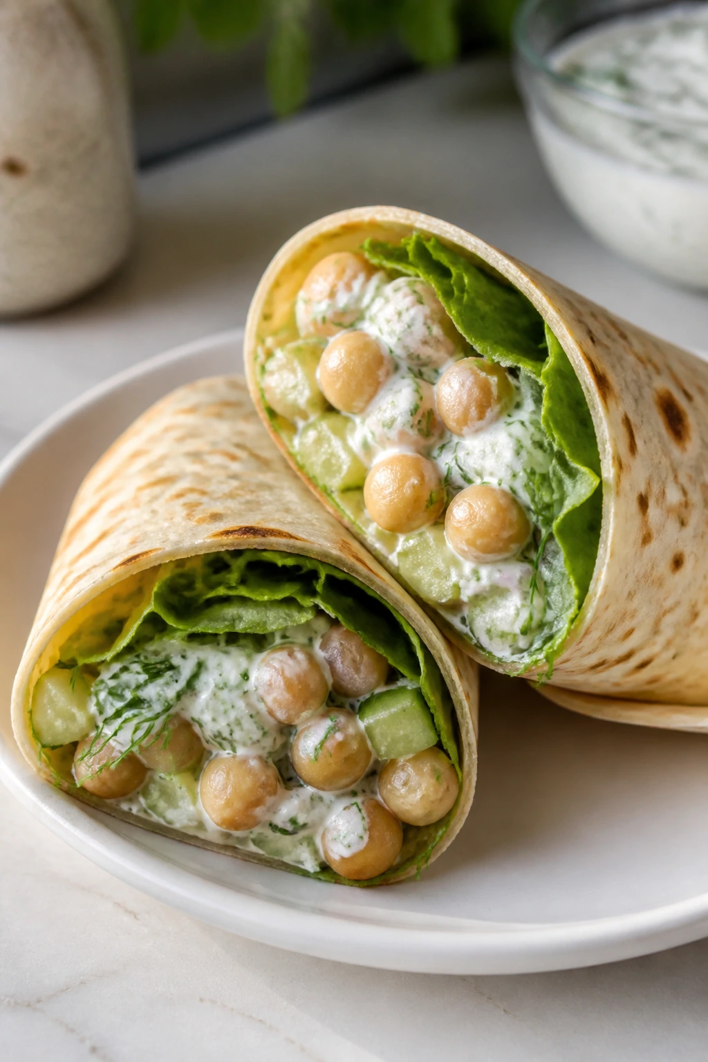 Two chickpea tzatziki wraps cut in half on a plate