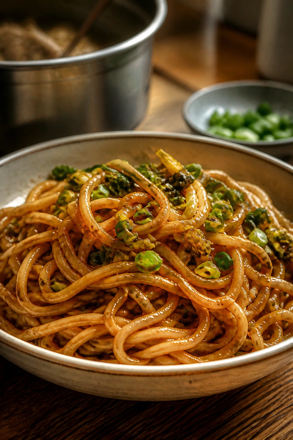 Close-up of Wuhan hot dry noodles with sesame paste