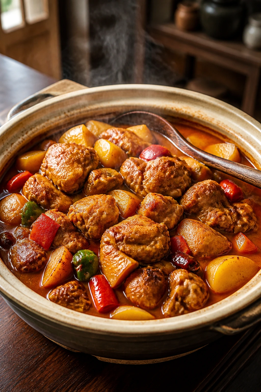 Xinjiang big plate chicken with potatoes and peppers in thick sauce