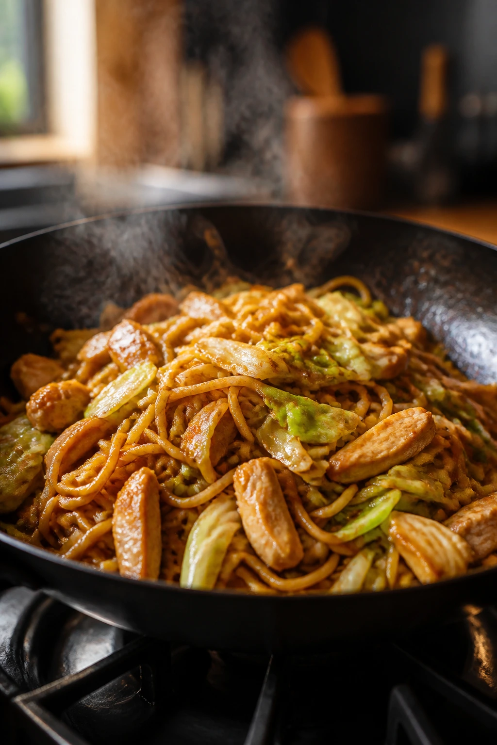 Medium-close-up of yakisoba noodles with chicken and cabbage.