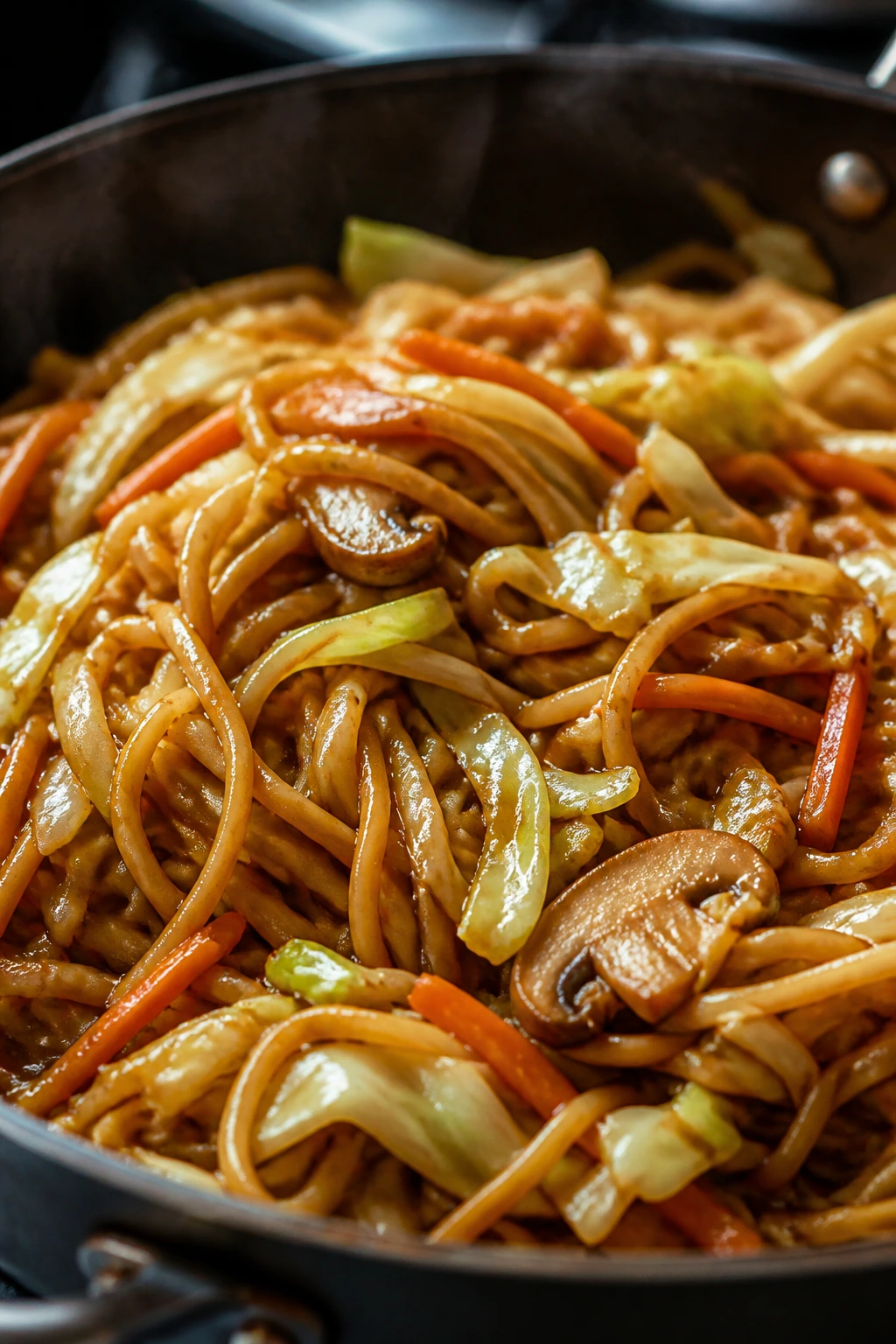 Close-up of yakisoba-style noodles with cabbage and carrot