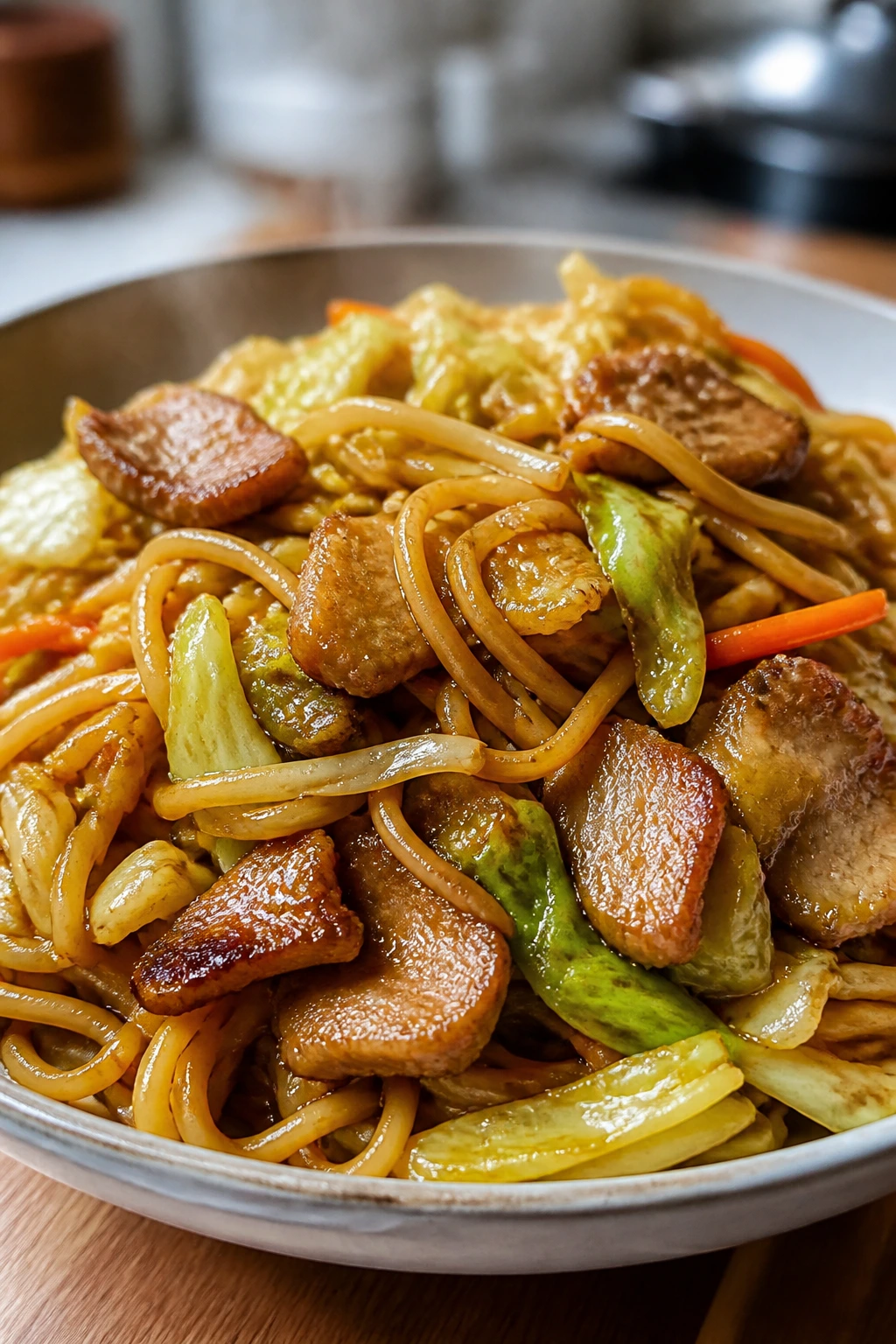 Close-up of yakisoba noodles with pork and cabbage in a glossy sauce