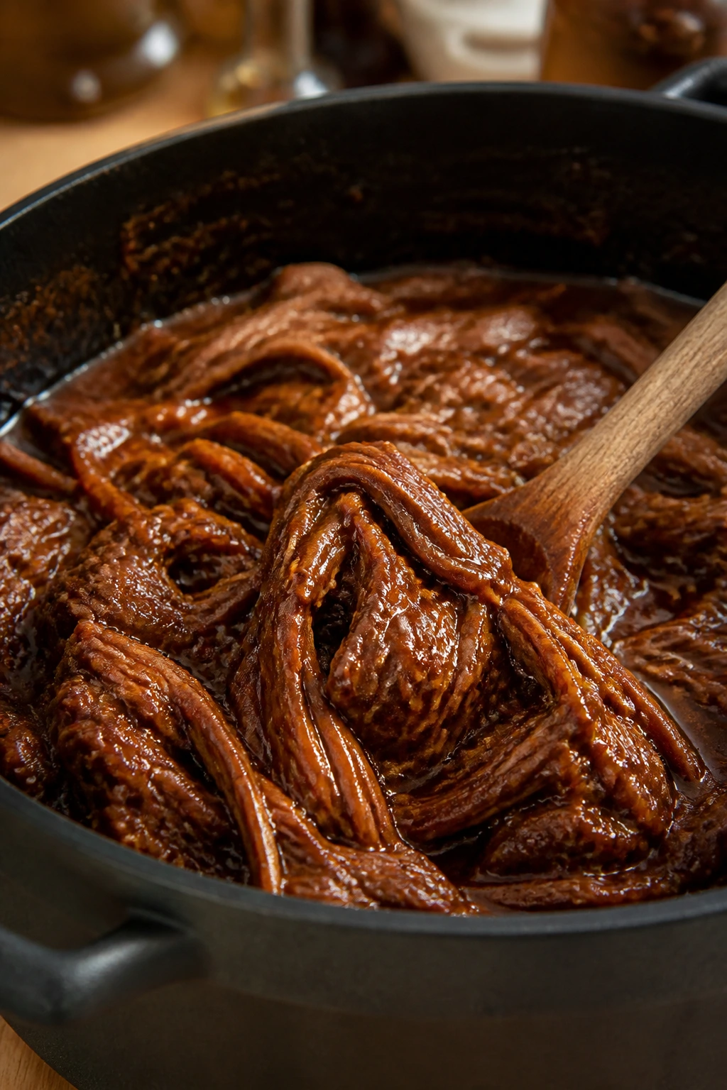 Close-up of tender shredded BBQ beef with thick sauce