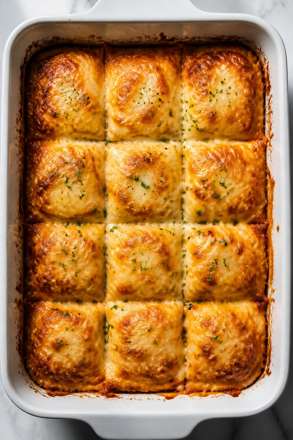 Top-down view of casserole portions in a pan showing yield for 6 to 8 servings