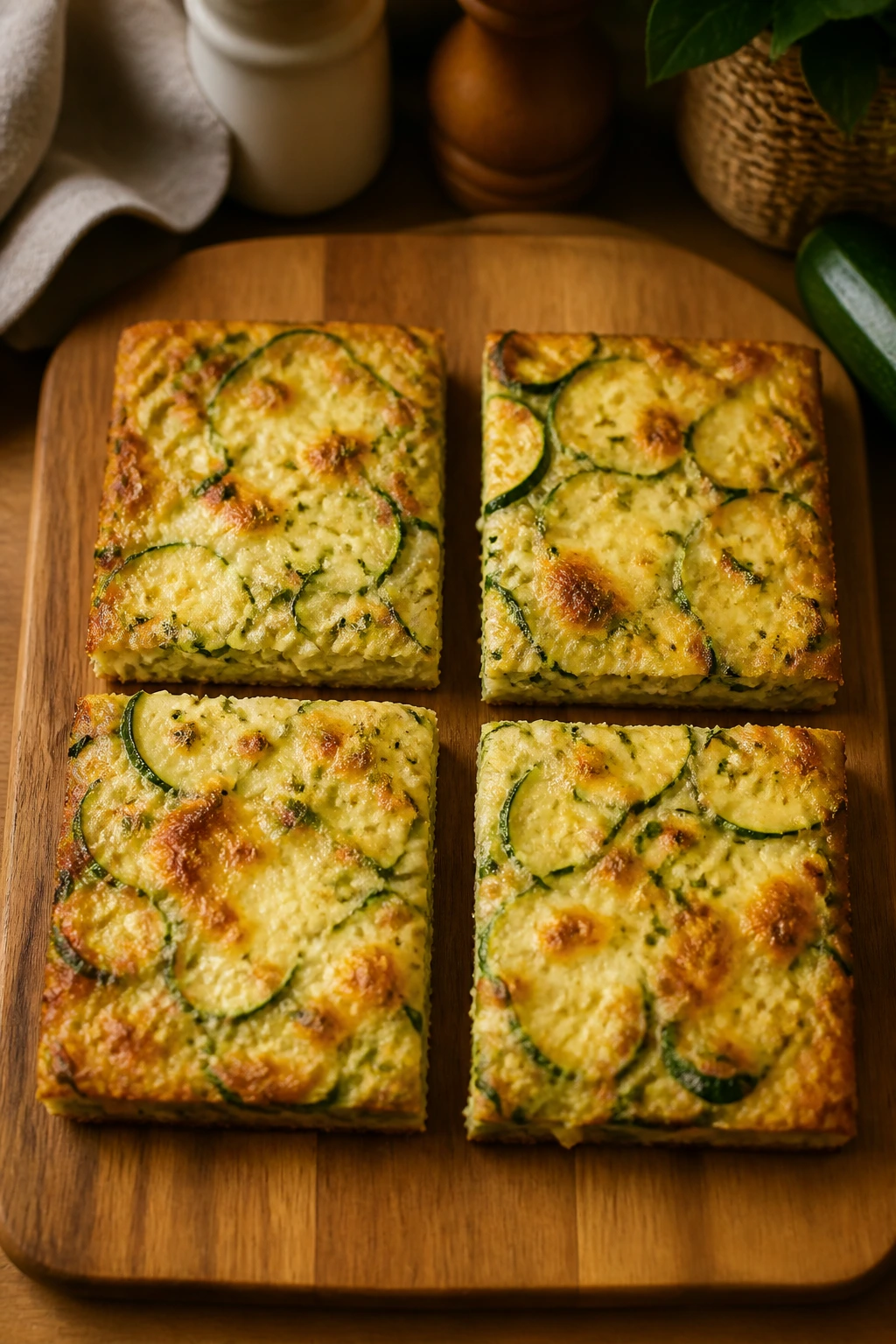 Zucchini bake cut into four pieces on wooden board in kitchen