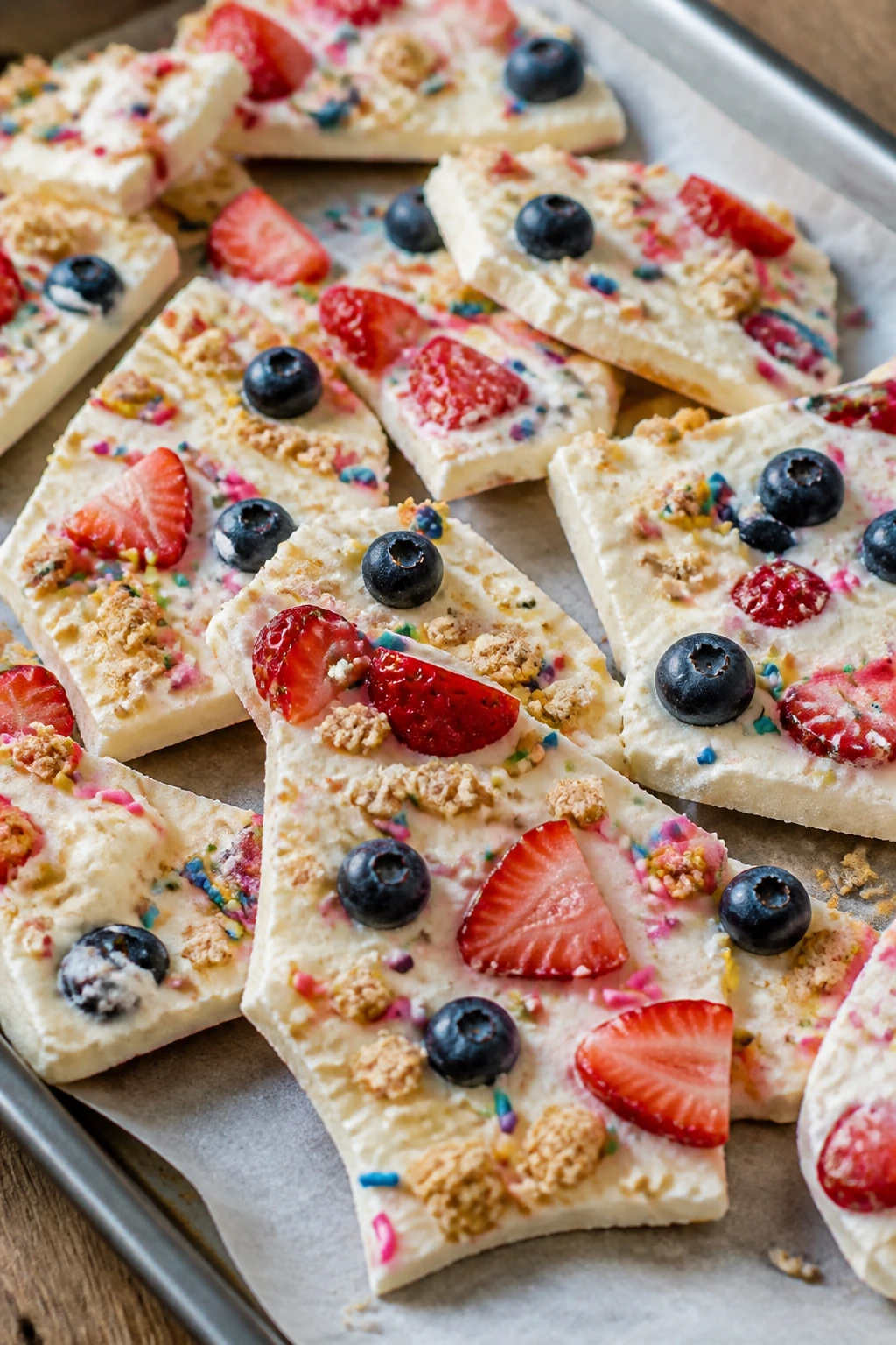 Close-up of berry-sprinkled yogurt bark shards on parchment in a cozy kitchen