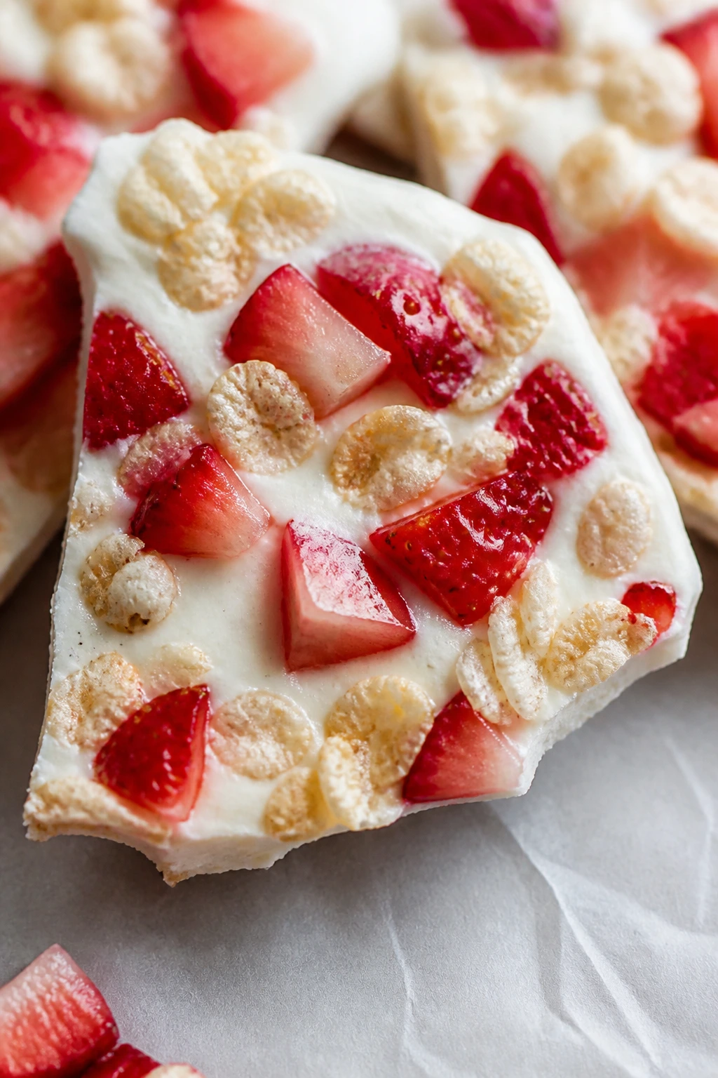 Close-up shard of yogurt bark with strawberries and cereal on parchment