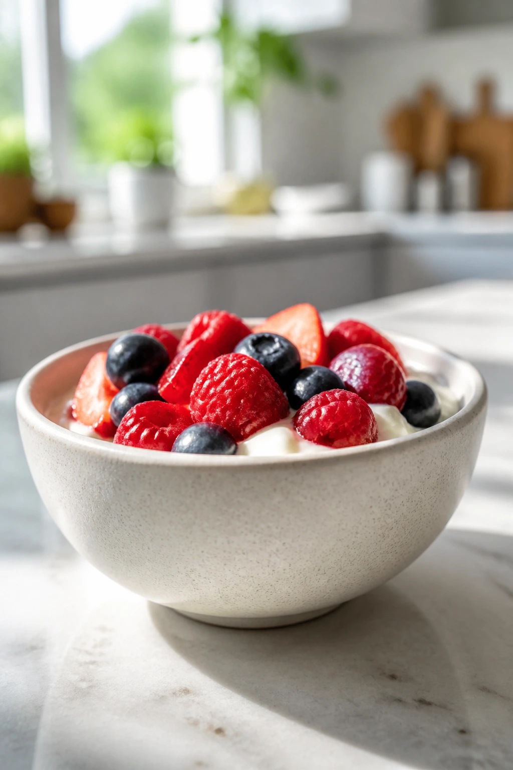 Greek yogurt with berries as a protein-forward snack.