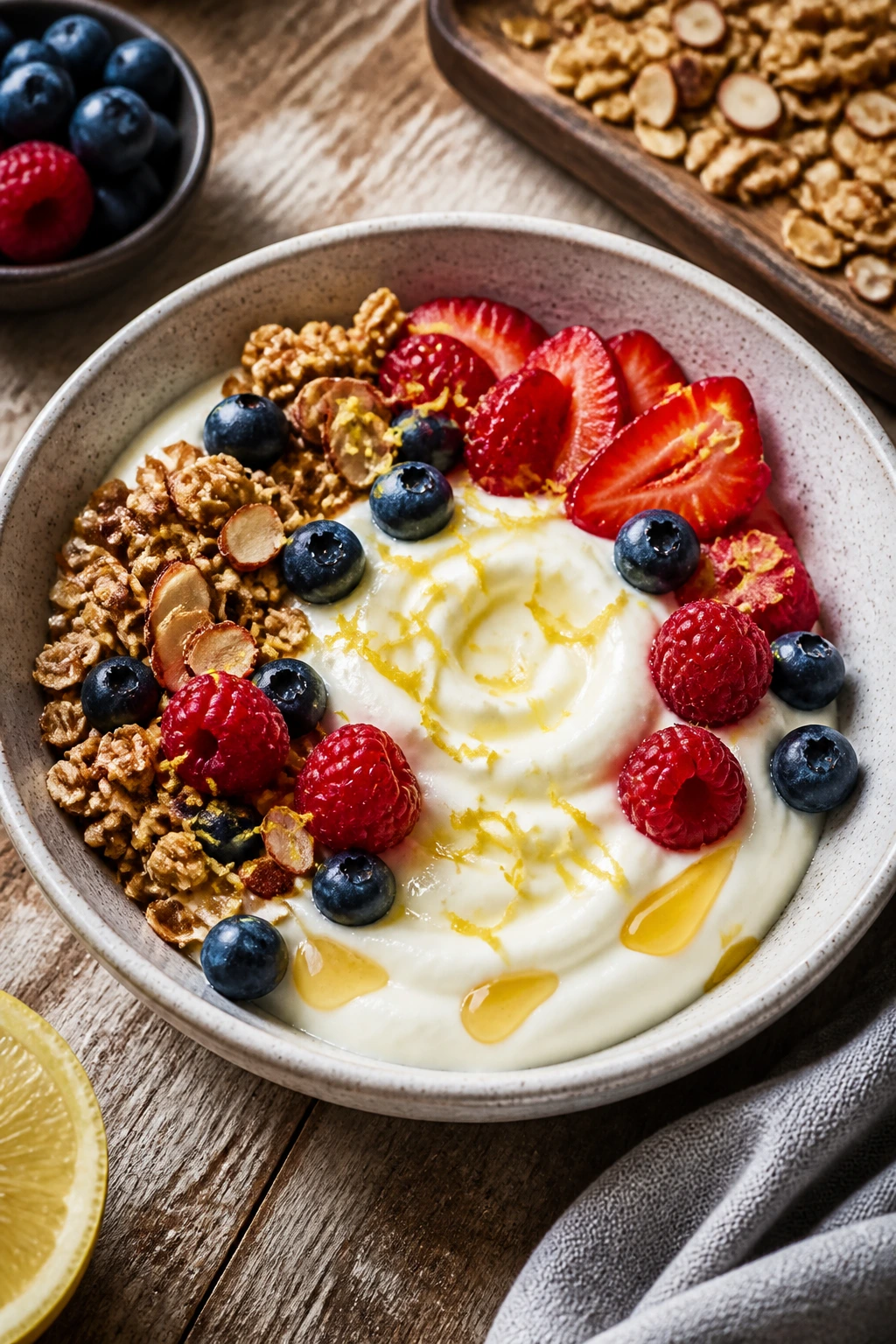 Close-up of thick Greek yogurt bowl with honey, lemon zest, and fruit on a rustic counter