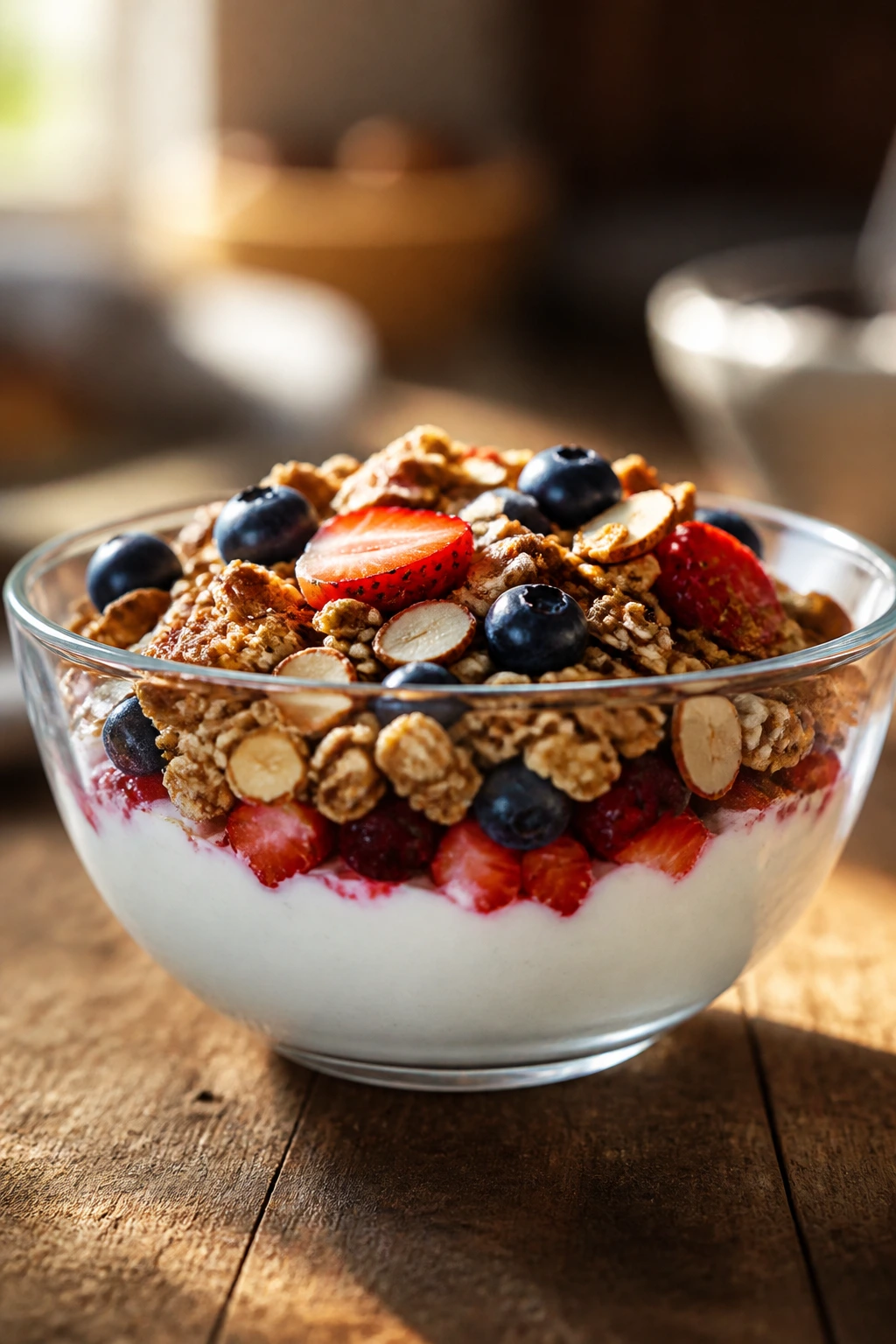 Yogurt bowl with layered textures on rustic table under warm light