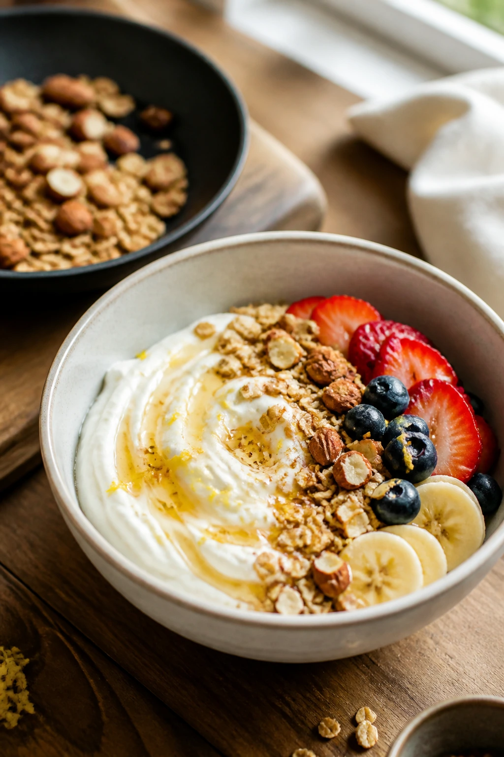 Close-up of a yogurt bowl being assembled with oats, almonds, and fresh fruit