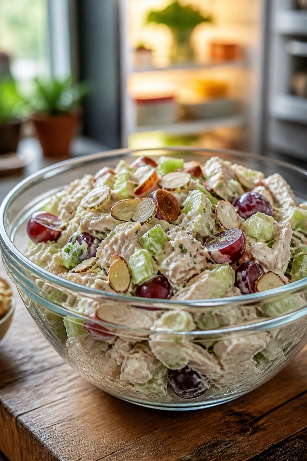 Close-up of creamy yogurt-based chicken salad in a bowl with celery, grapes, and almonds