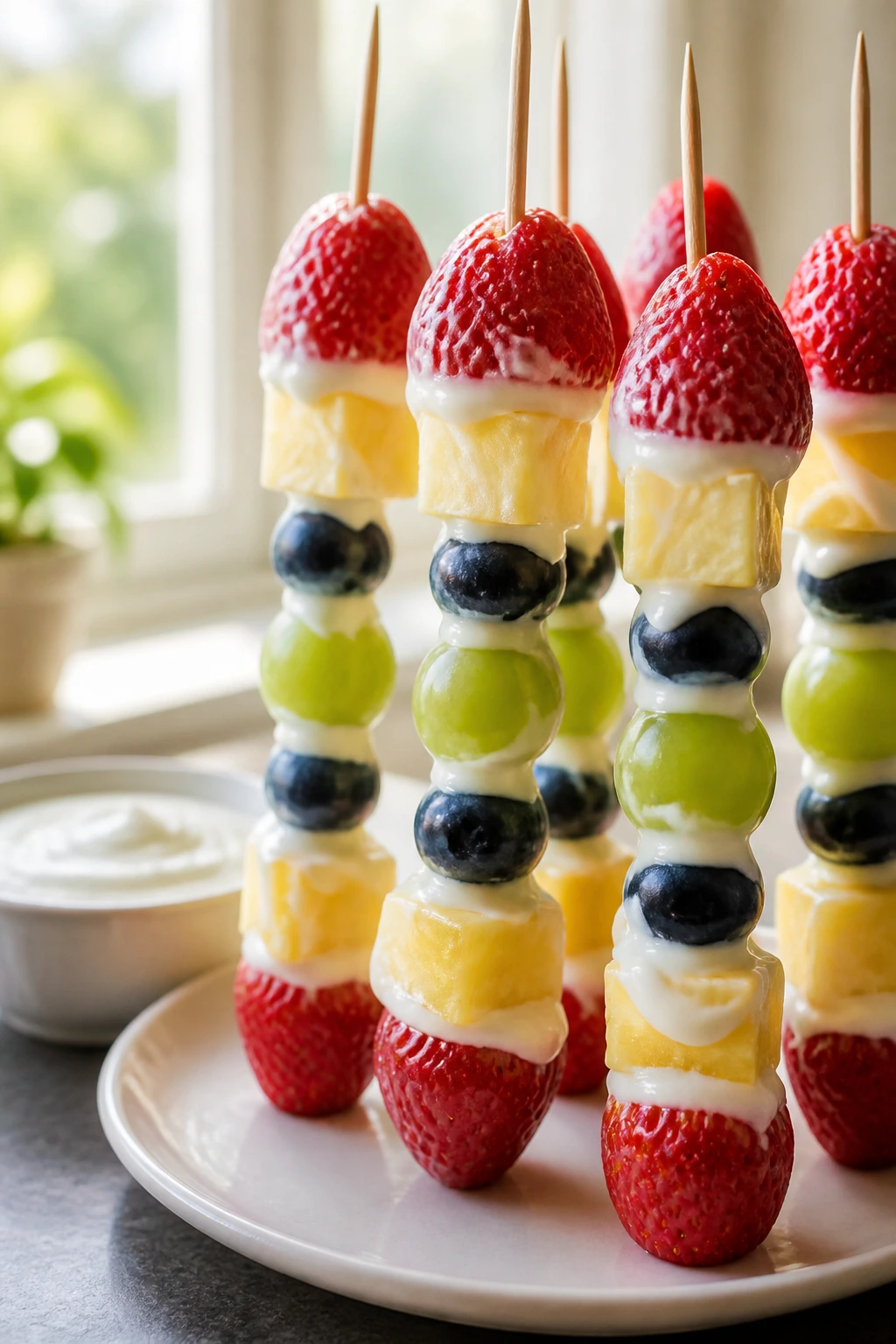 Fruit skewers with yogurt dip in the background