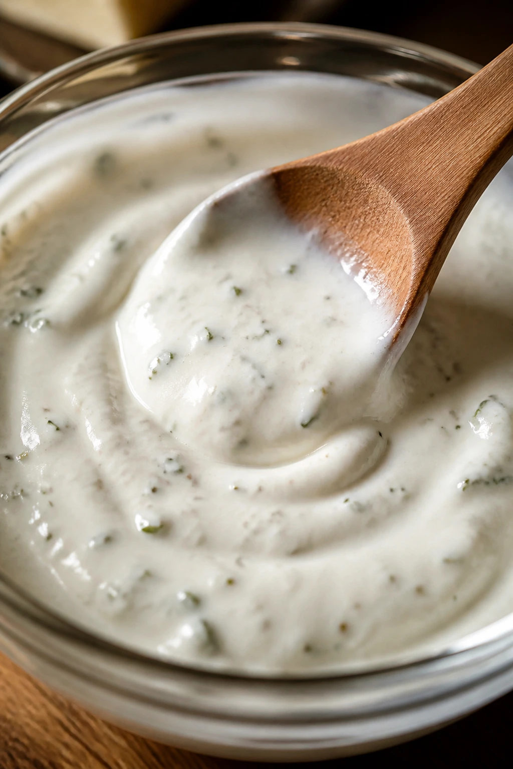 Close-up of glossy yogurt dressing in a glass bowl with a wooden spoon