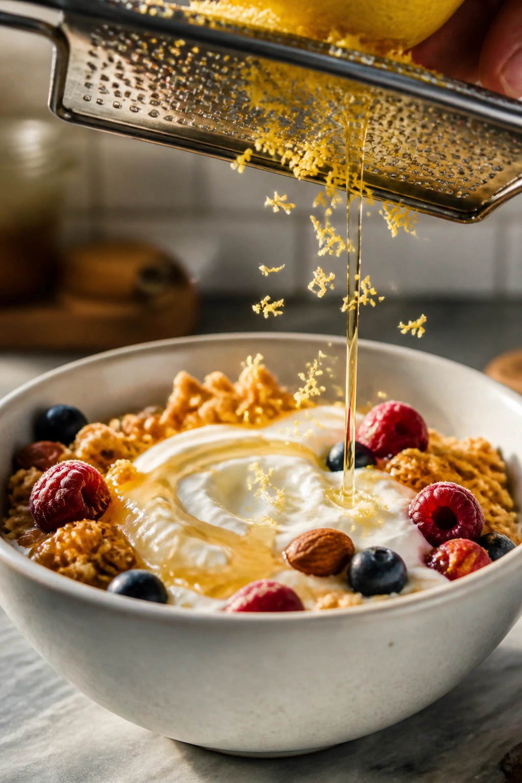 Close-up of lemon zest and honey over yogurt illustrating ingredient balance