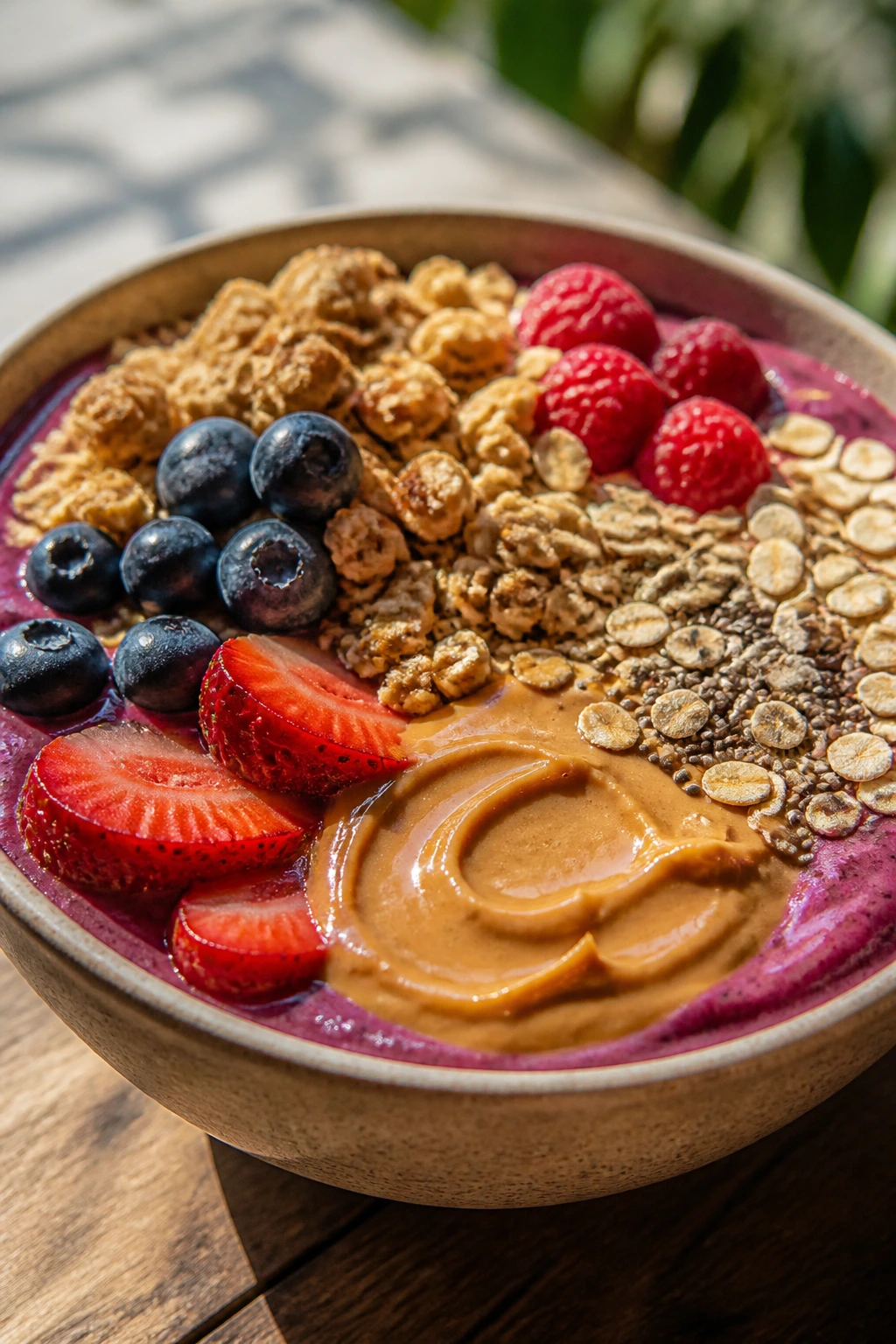 Close-up of a thick smoothie bowl with granola and berries