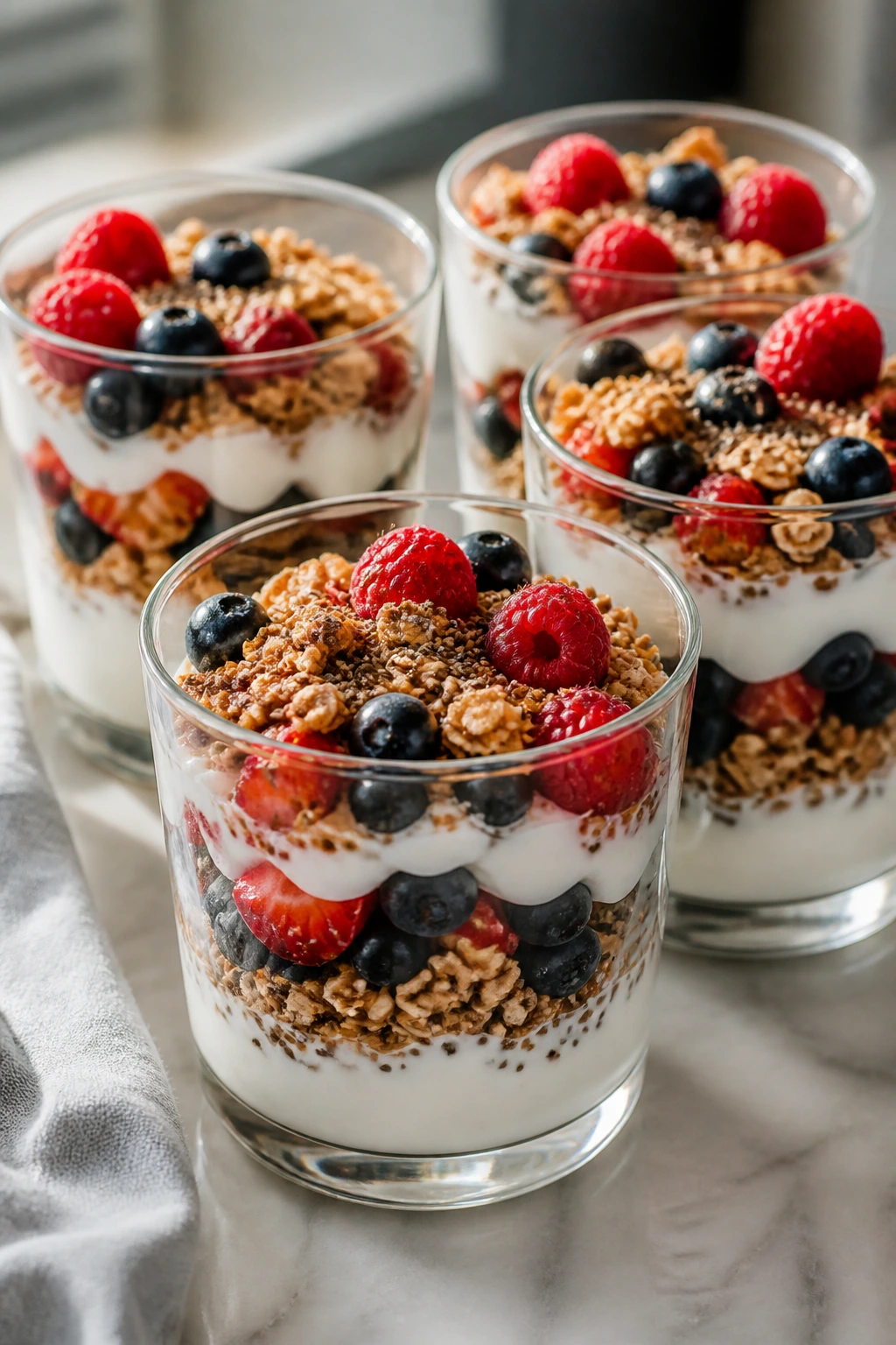 Four clear cups with layered yogurt, berries, and granola parfait