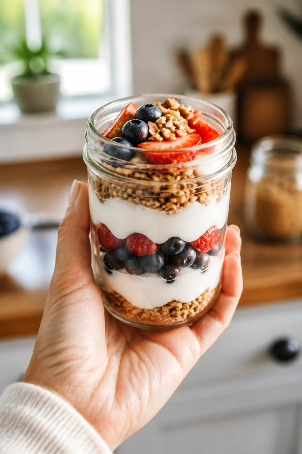 Parfait jar with yogurt and berries layered neatly