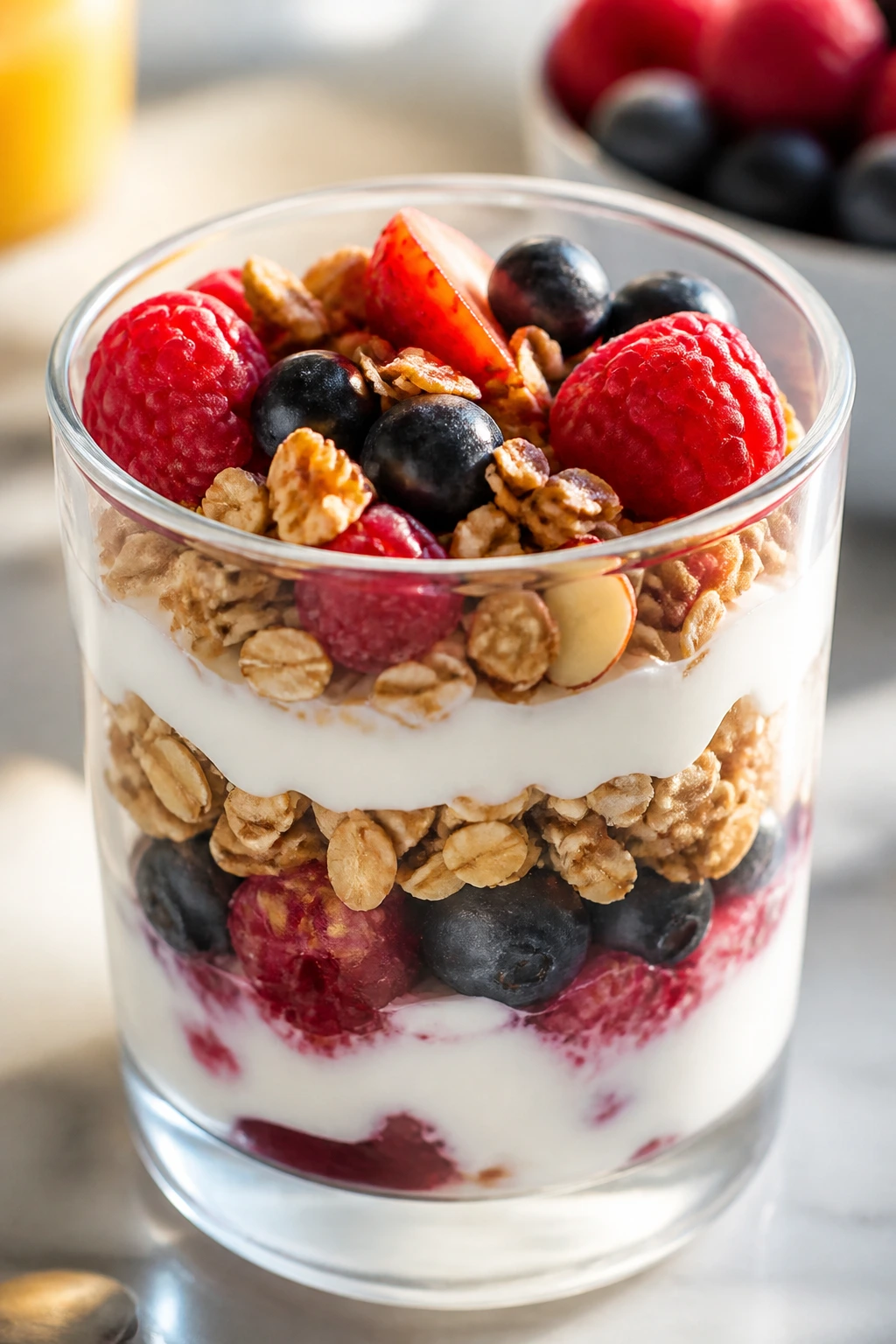Layered yogurt parfait in a clear cup with berries and granola on a breakfast table