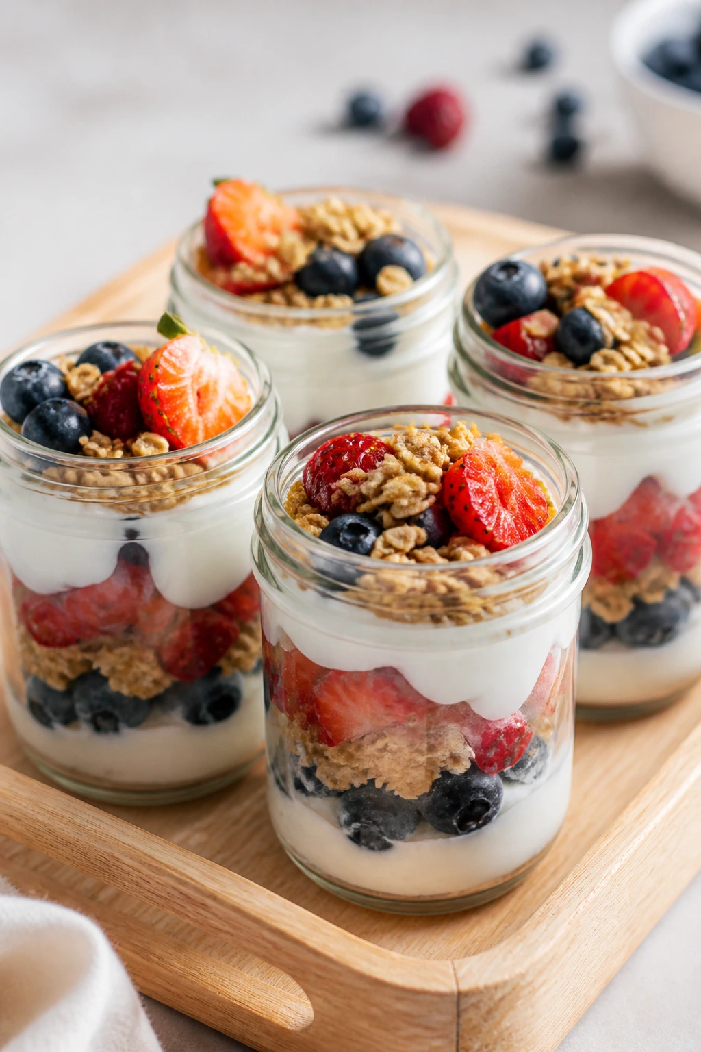Close-up of yogurt parfait cups with layers of yogurt, berries, and granola.