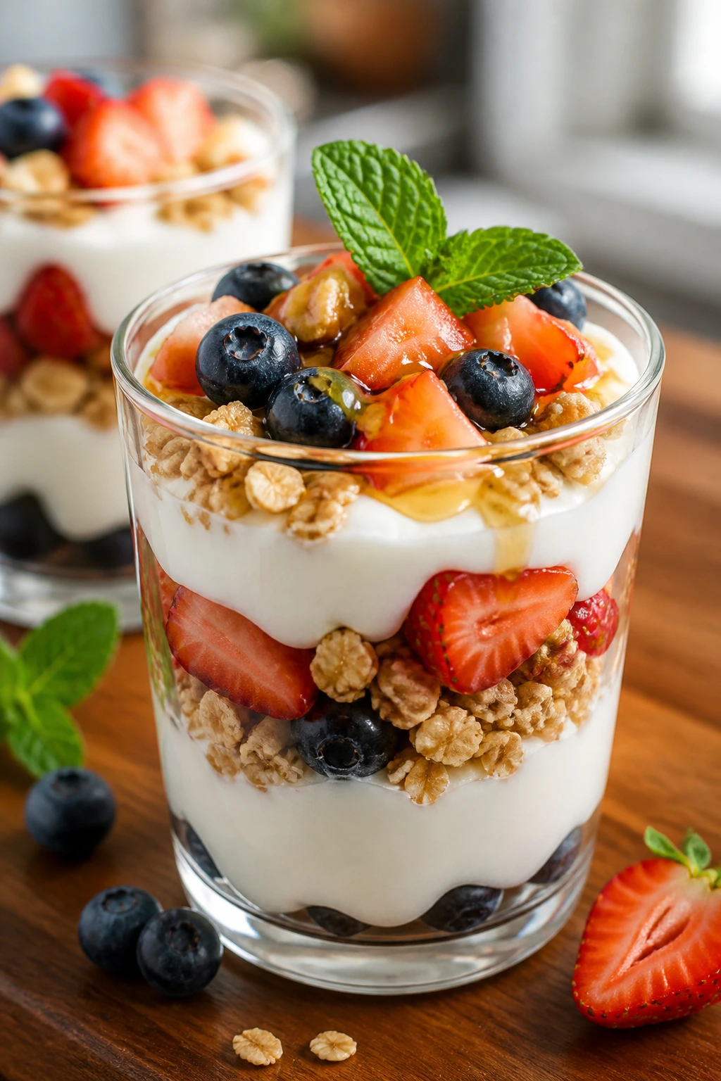 Close-up of layered yogurt parfait cups with berries and granola on a wooden countertop