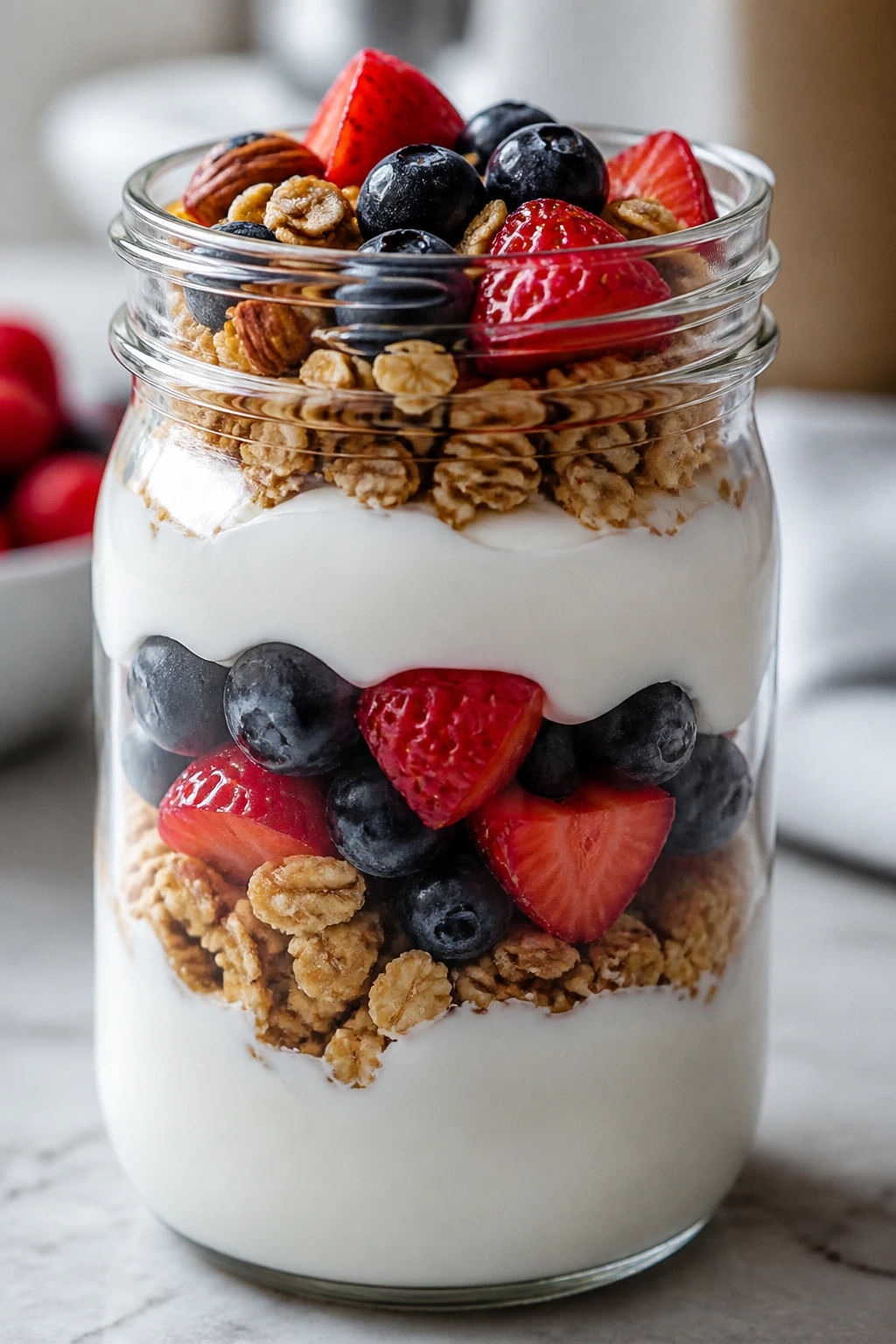 Greek yogurt parfait jar layered with yogurt granola and berries