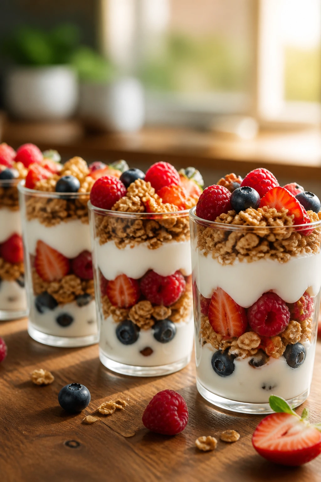 Close-up of layered yogurt parfait cups with granola and berries