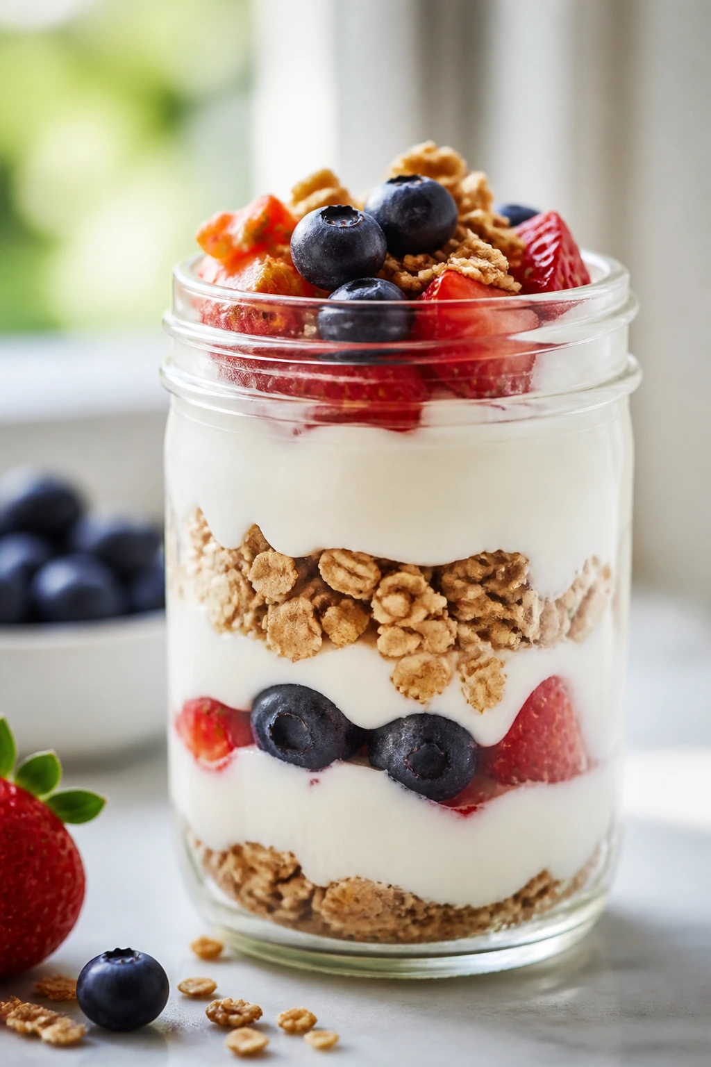 Parfait jar with layered yogurt, fruit, and granola.