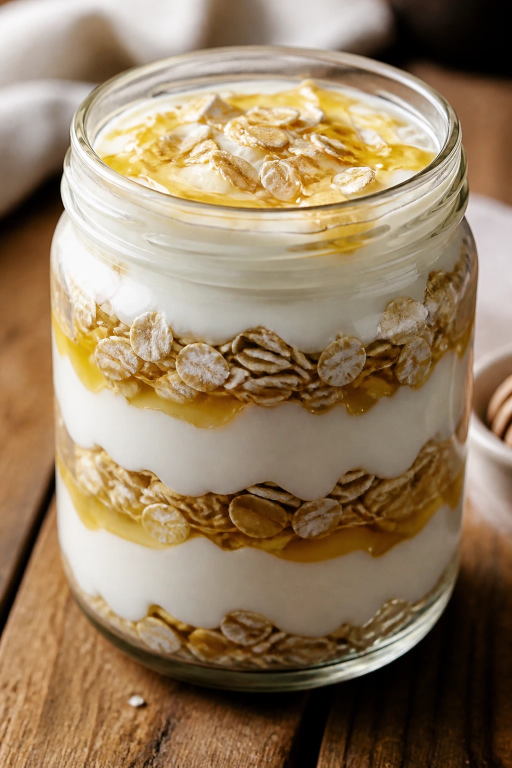 Layered yogurt parfait with oats and honey in a glass jar on a wooden table