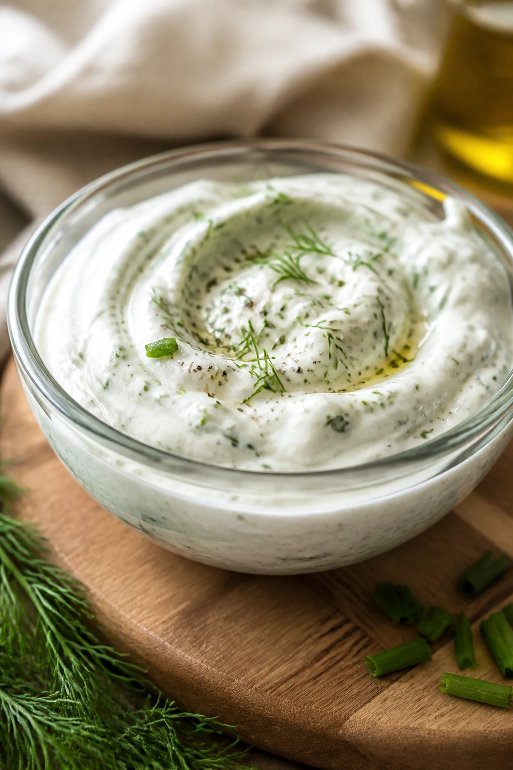 Close-up of a bowl of Greek yogurt sauce with herbs