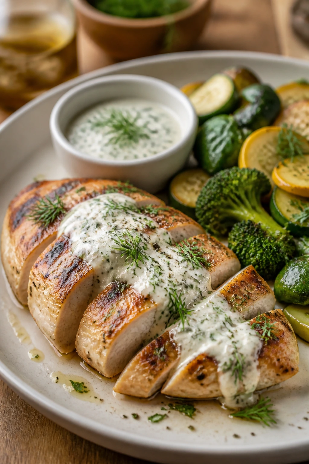 Plate with lean protein and light yogurt-herb sauce in a kitchen
