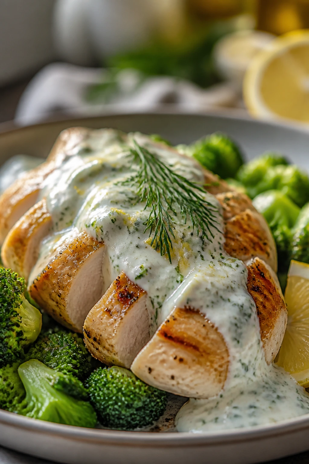 Plate of lean chicken with yogurt-based sauce