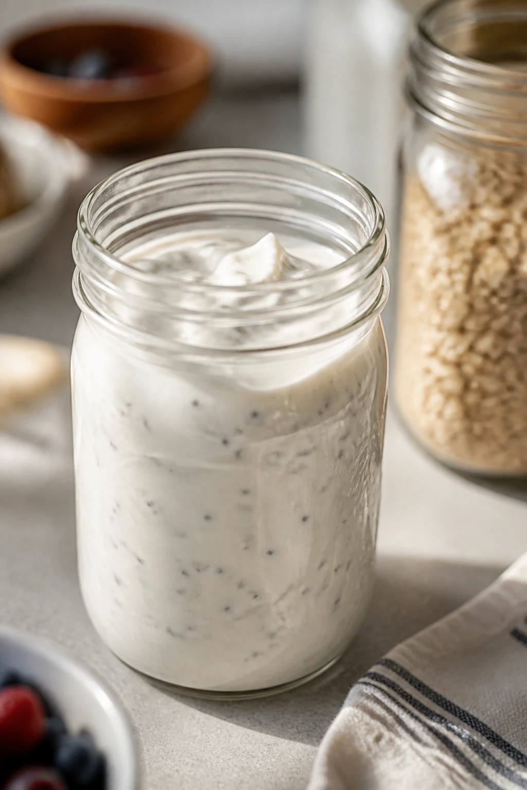 Mason jar filled with thick yogurt ready for storage
