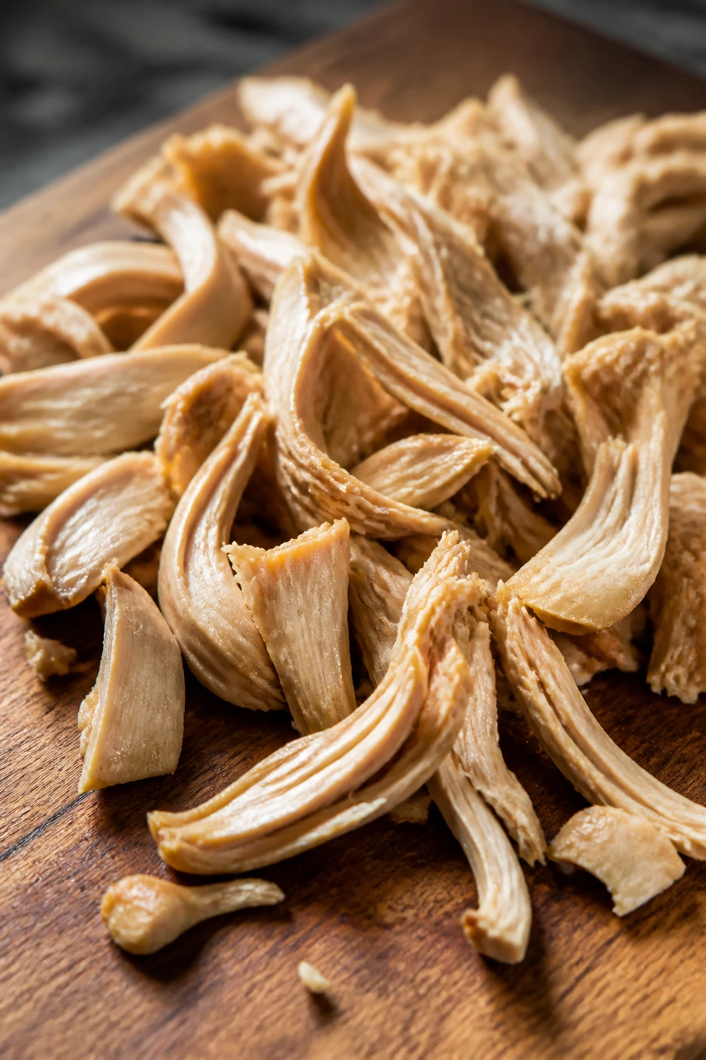 Close-up of young green jackfruit strands on cutting board