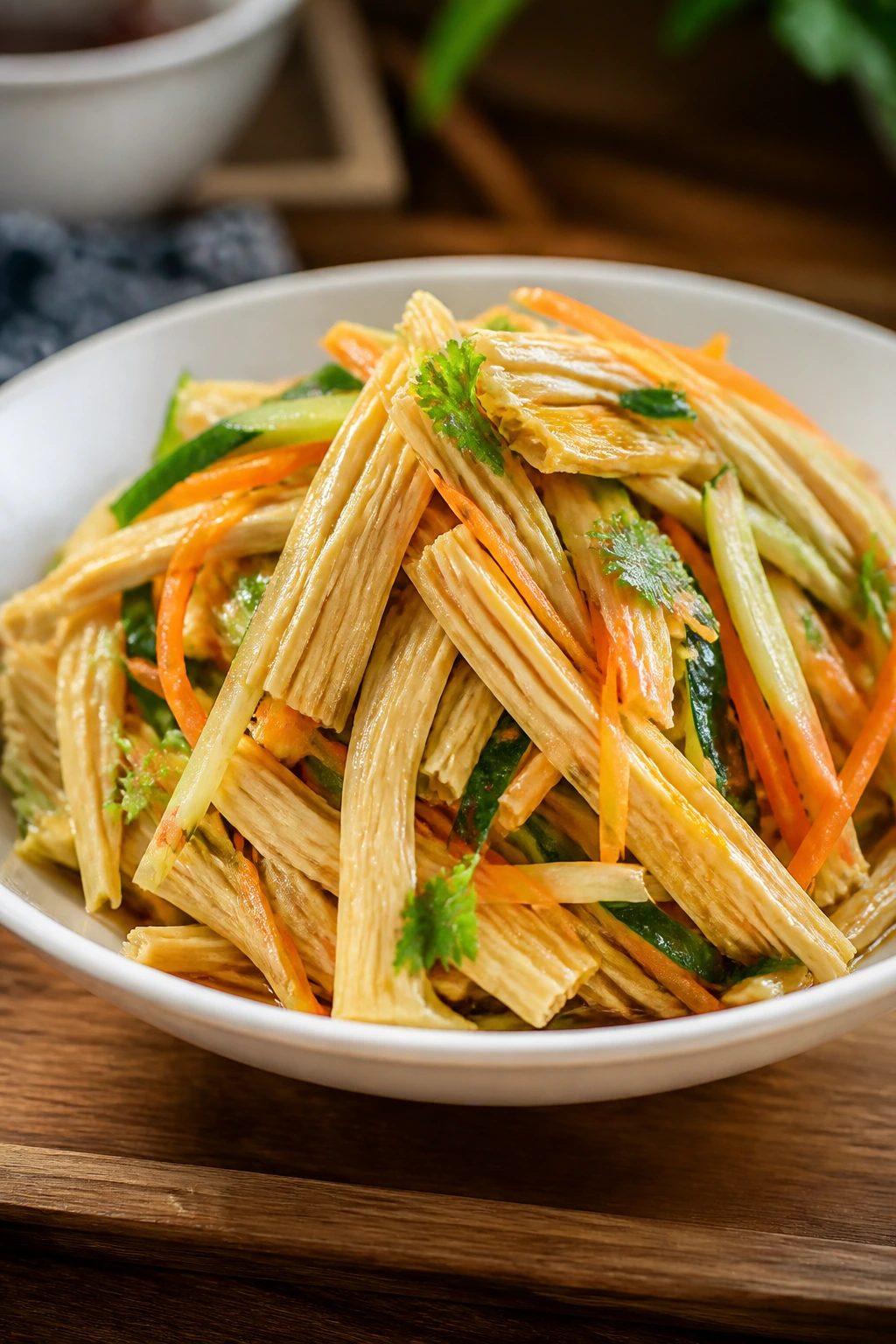 Dried tofu skin salad with cucumber and carrot