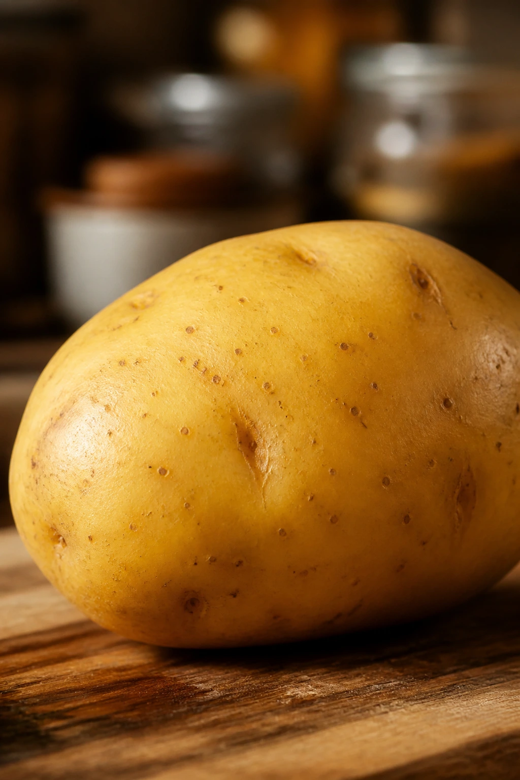 Yukon Gold potato close-up on wooden surface with warm light
