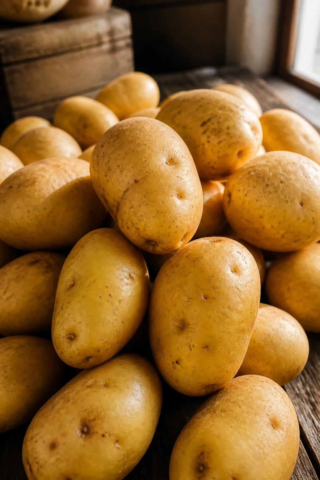 Close-up of Yukon Gold potatoes on a wooden surface, hinting at sturdy picnic ingredients.