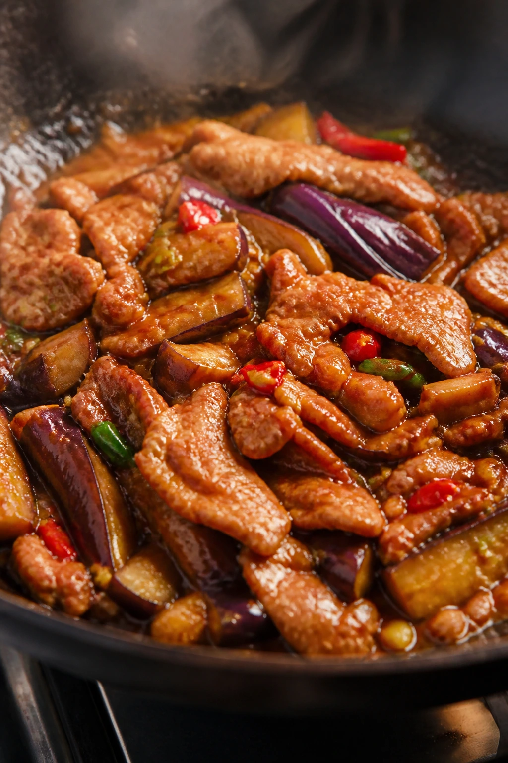 Close-up of Yu Xiang Pork with pork and eggplant in sauce