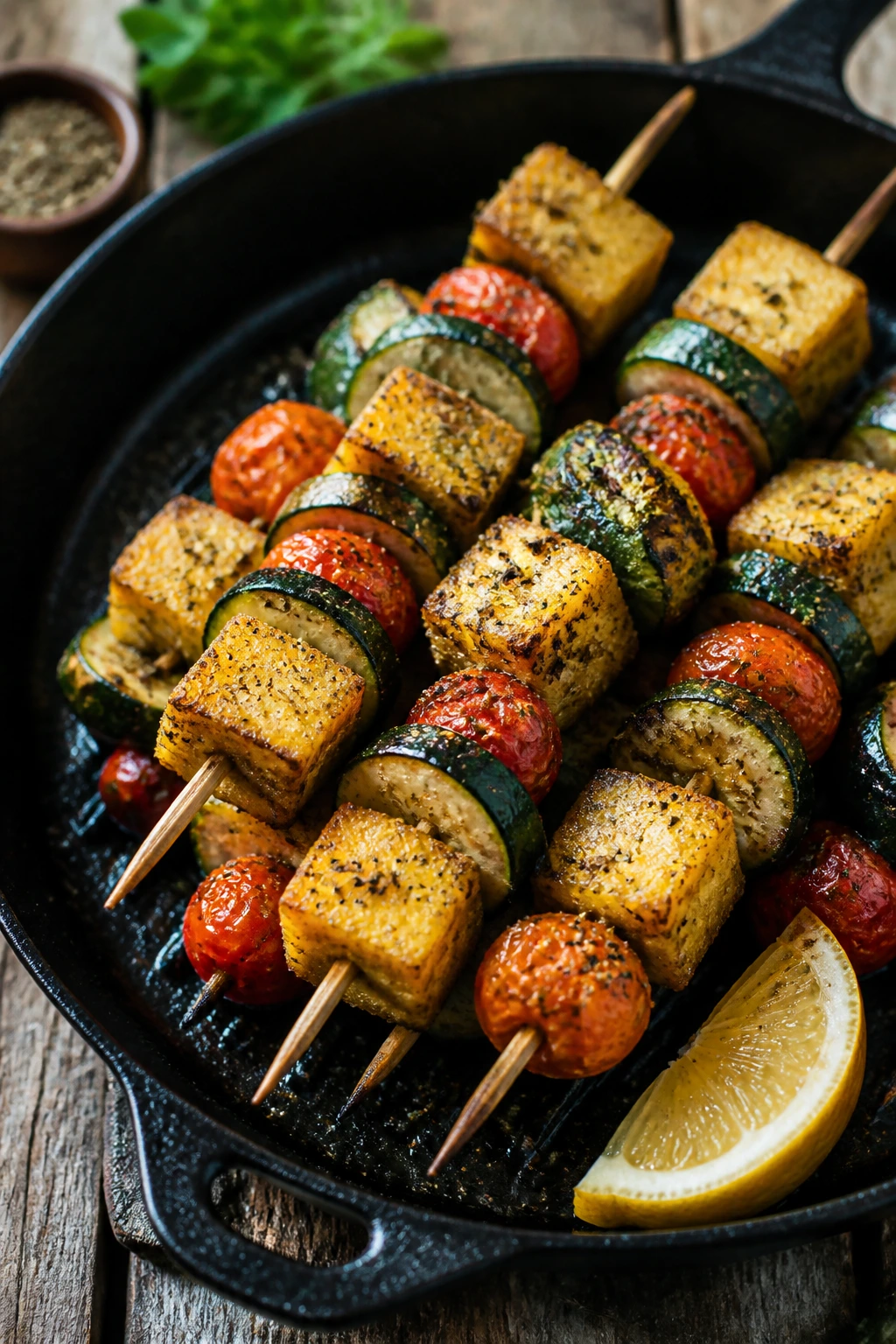 Close-up of Za'atar Polenta and Vegetable Skewers