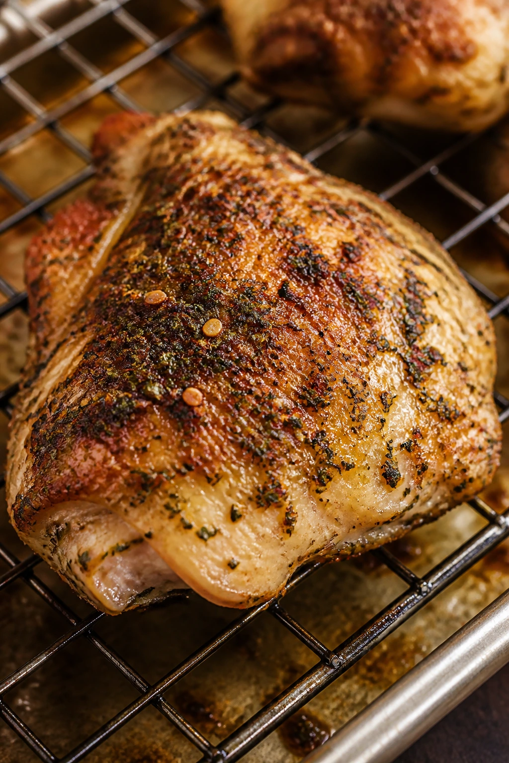 Close-up of yogurt-coated chicken thigh with za’atar and sumac crust on browning skin