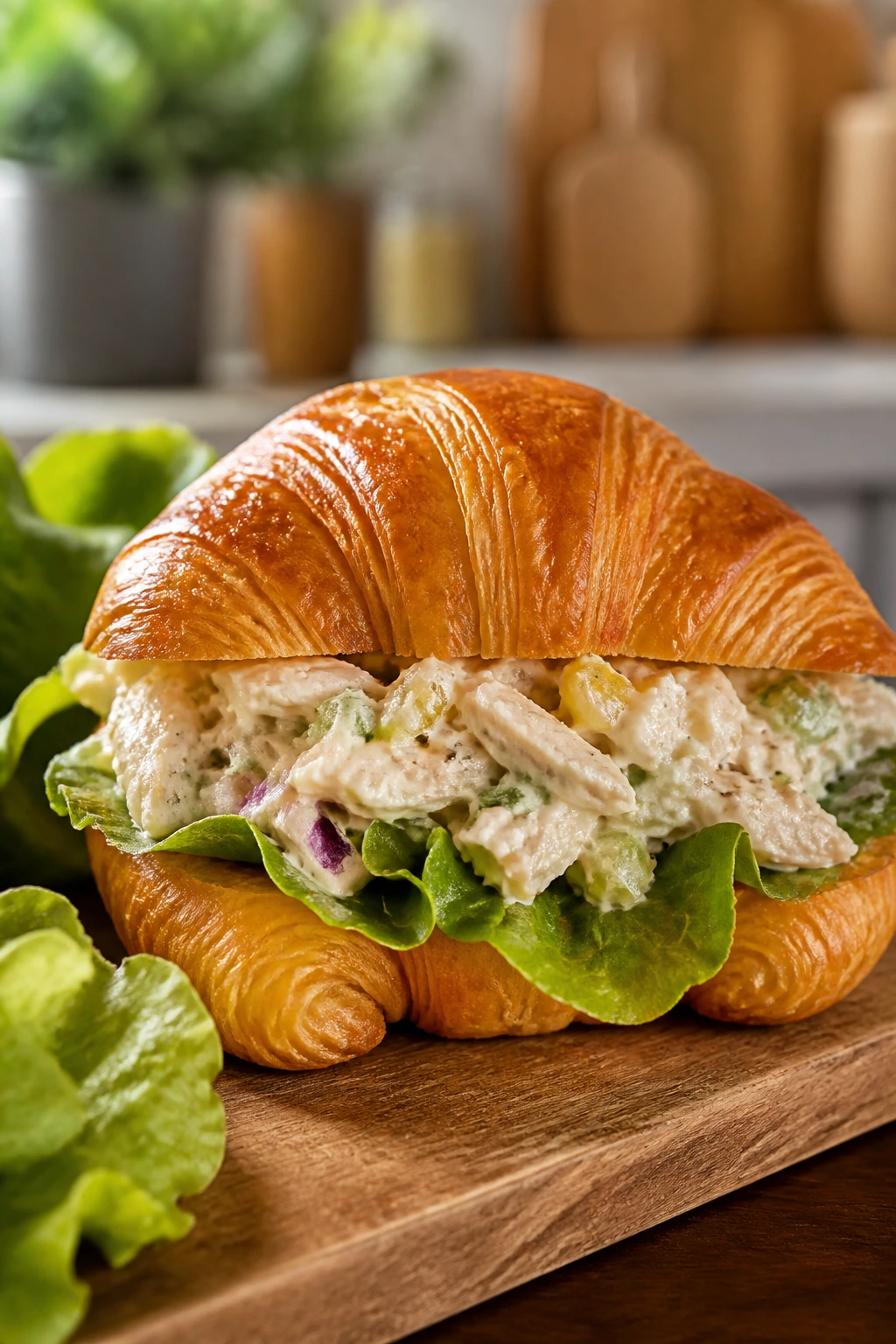 Croissant sandwich on a wooden board in a warm kitchen