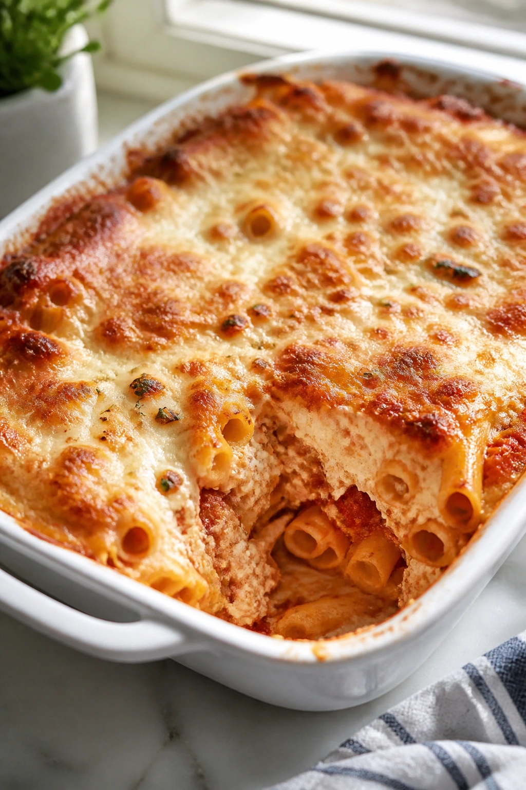 Baked ziti in a dish with cottage cheese and melted mozzarella