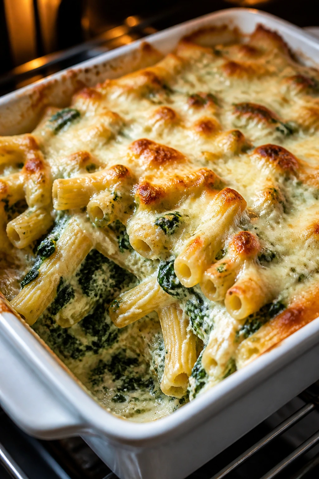 Close-up of spinach cottage cheese baked ziti in a baking dish.