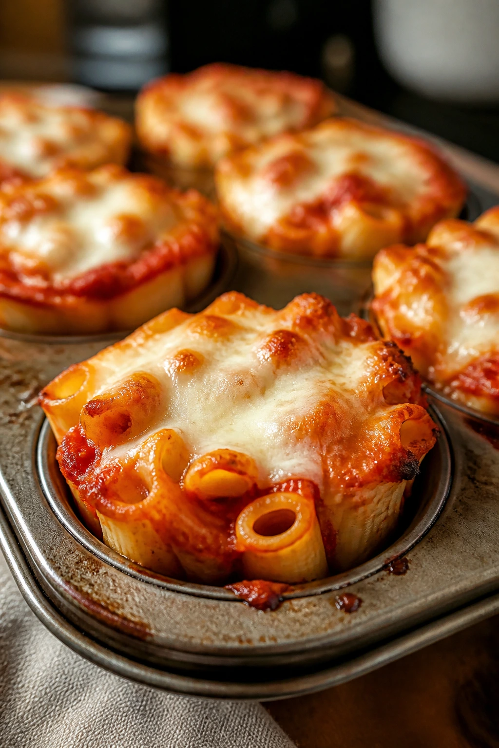 Close-up of baked ziti cups in muffin tin with cheese and sauce