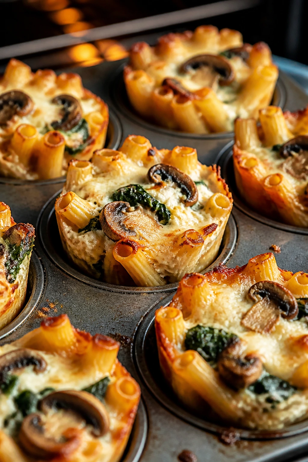 Muffin tin with baked ziti cups ready for lunchboxes