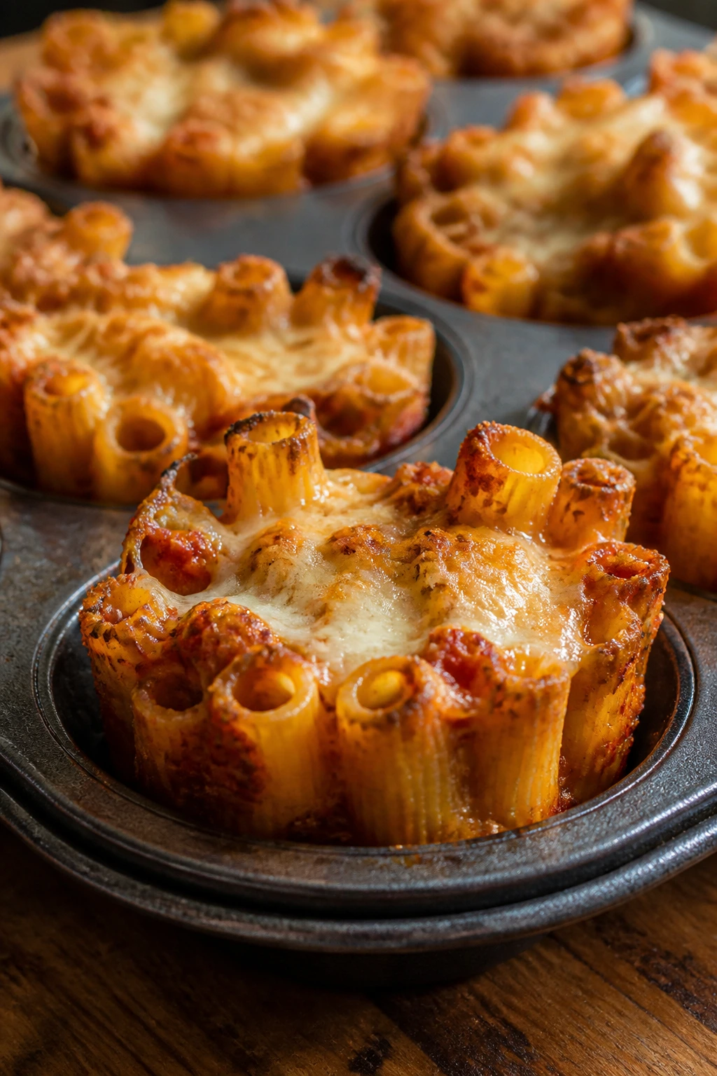 Close-up of crispy-edged baked ziti cups in a muffin tin