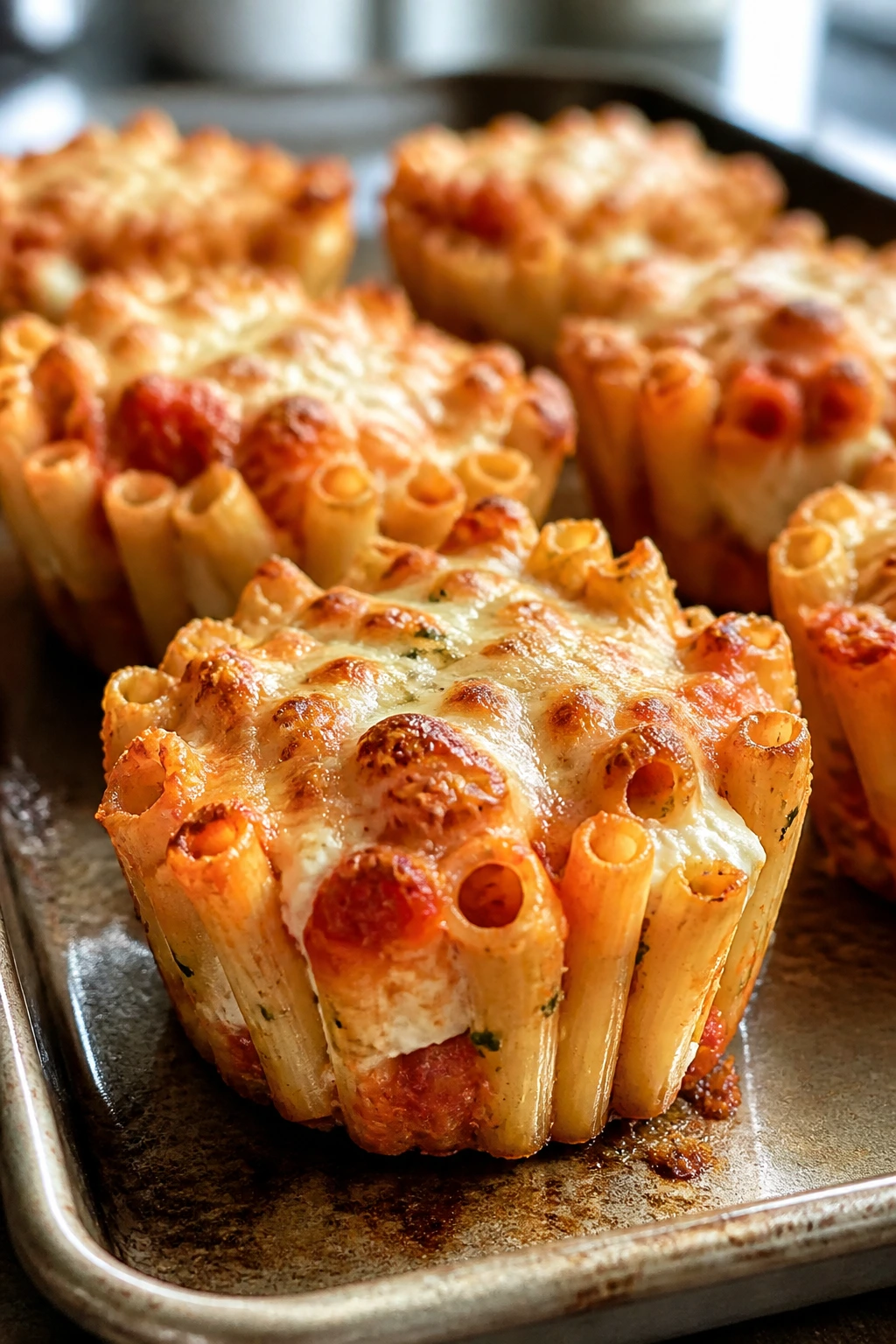 Baked ziti cups in muffin cups on sheet pan