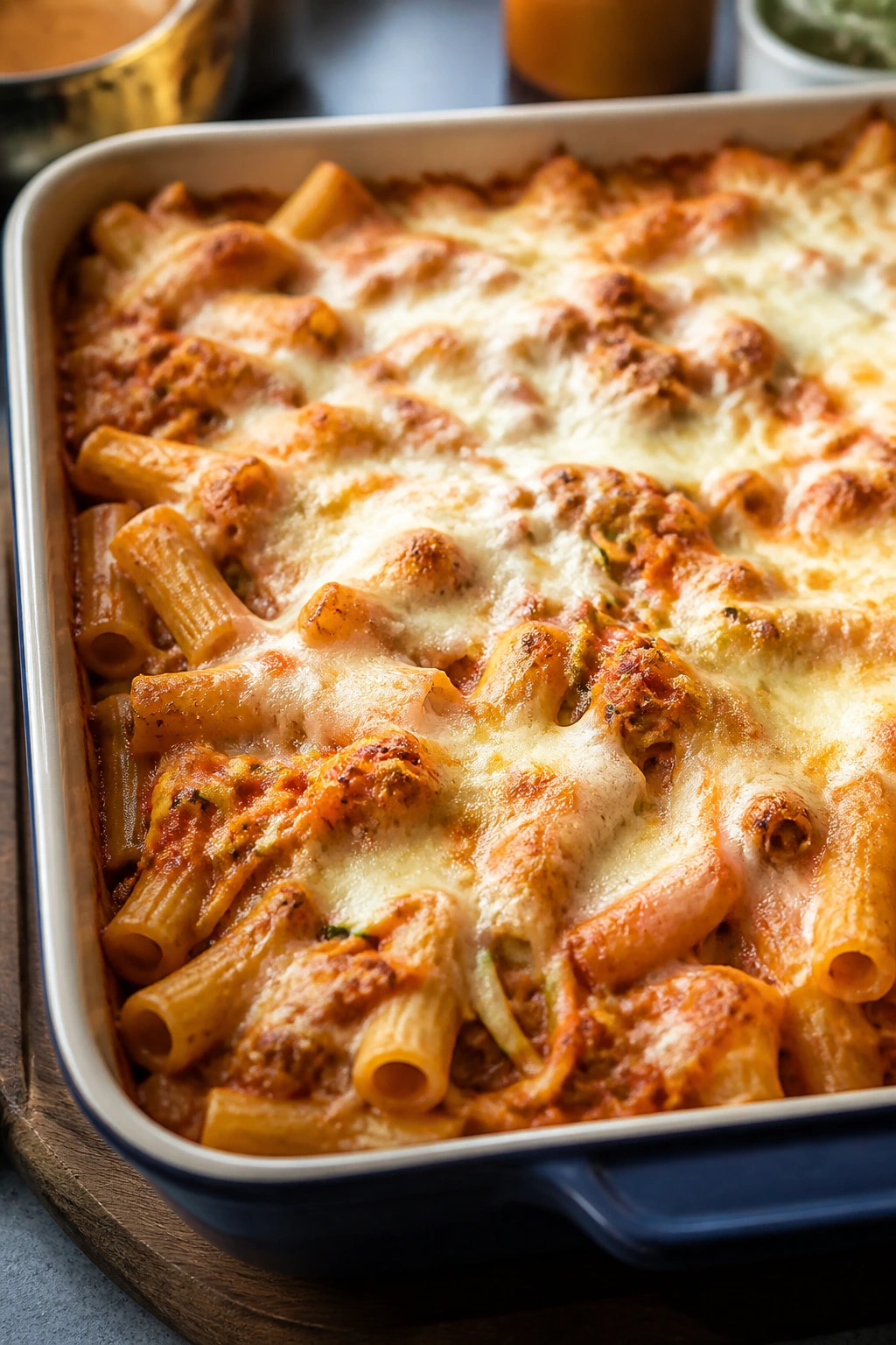 Baked ziti in a bubbling dish with hidden veggies