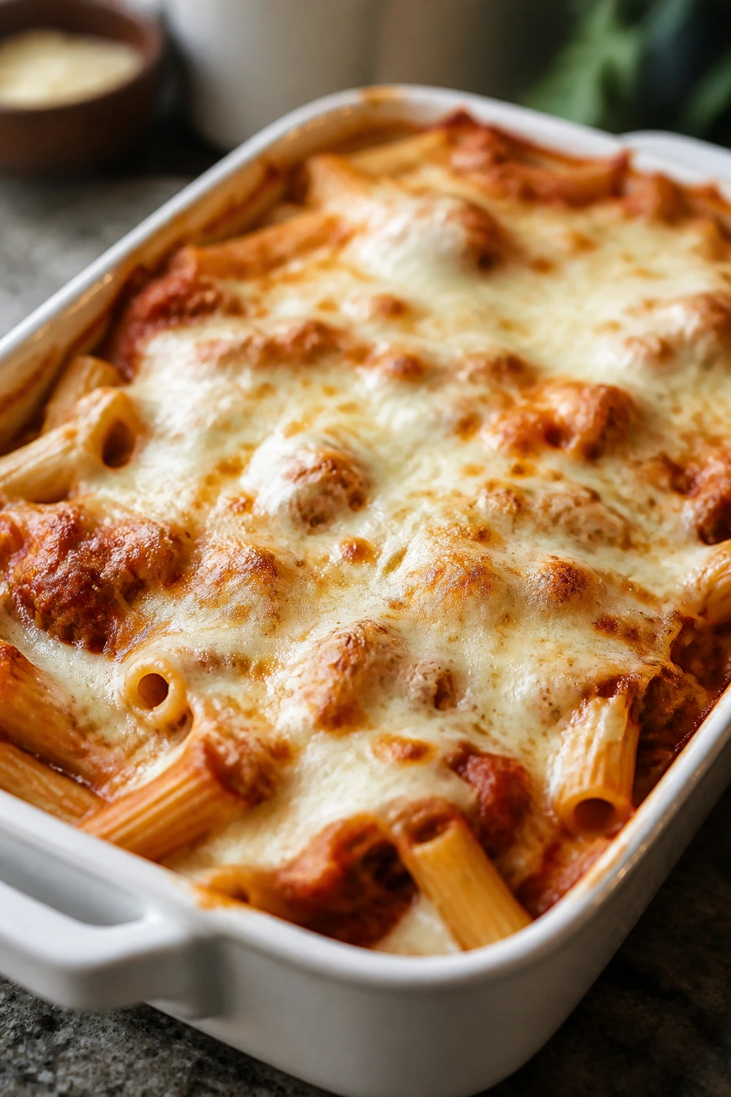 Bubbling baked ziti with mozzarella in a 9x13 dish on a counter